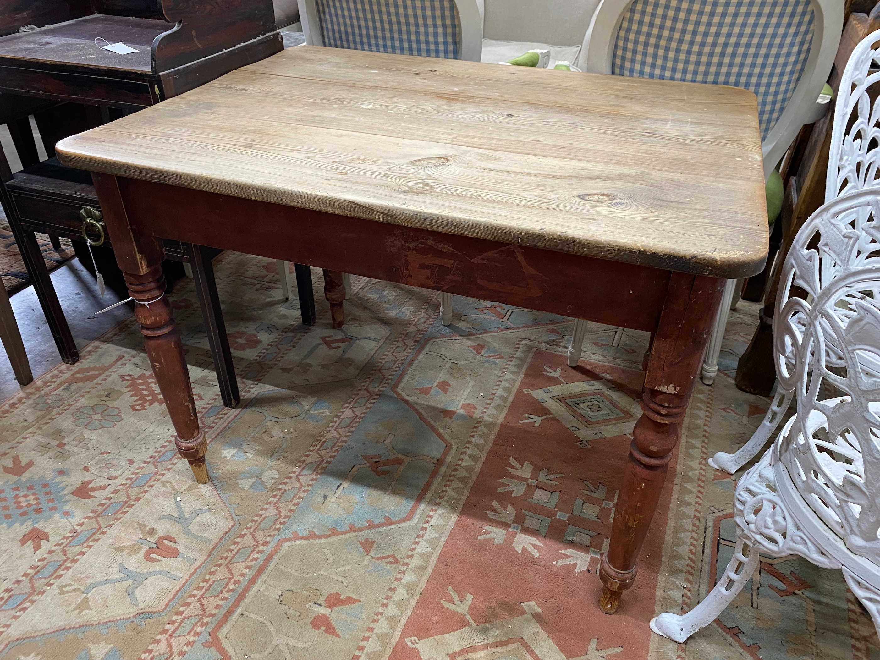 A Victorian rectangular part painted pine kitchen table, width 98cm, depth 73cm, height 73cm